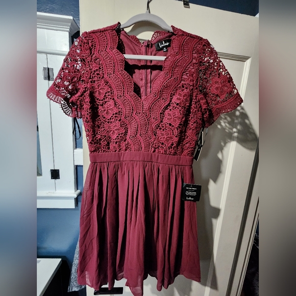 Lulu's Angel in Disguise Burgundy Lace Skater Dress - Picture 4 of 10